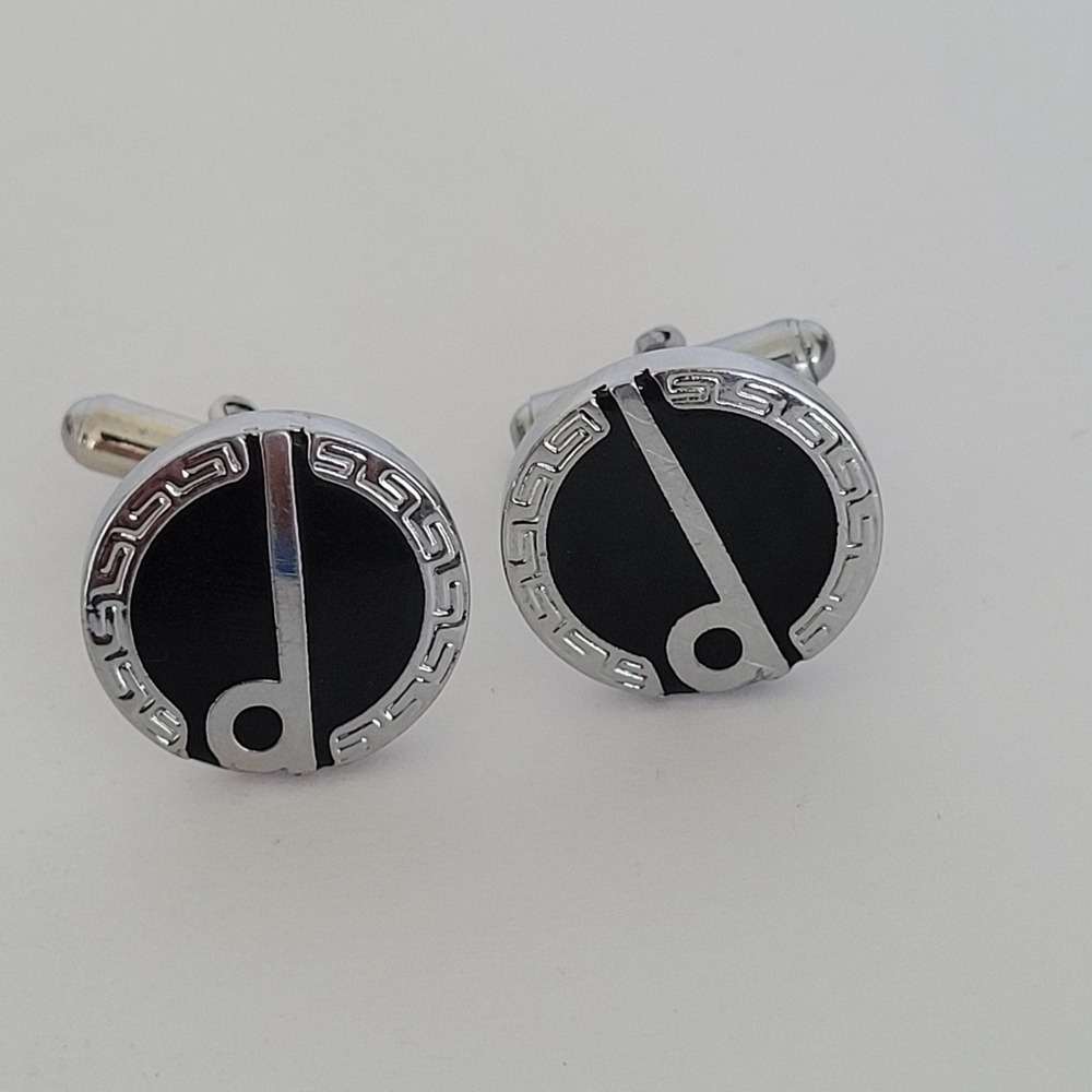 Dunhill Vintage Round Cufflinks Silver Tone Black Enamel Logo Greek Key Border